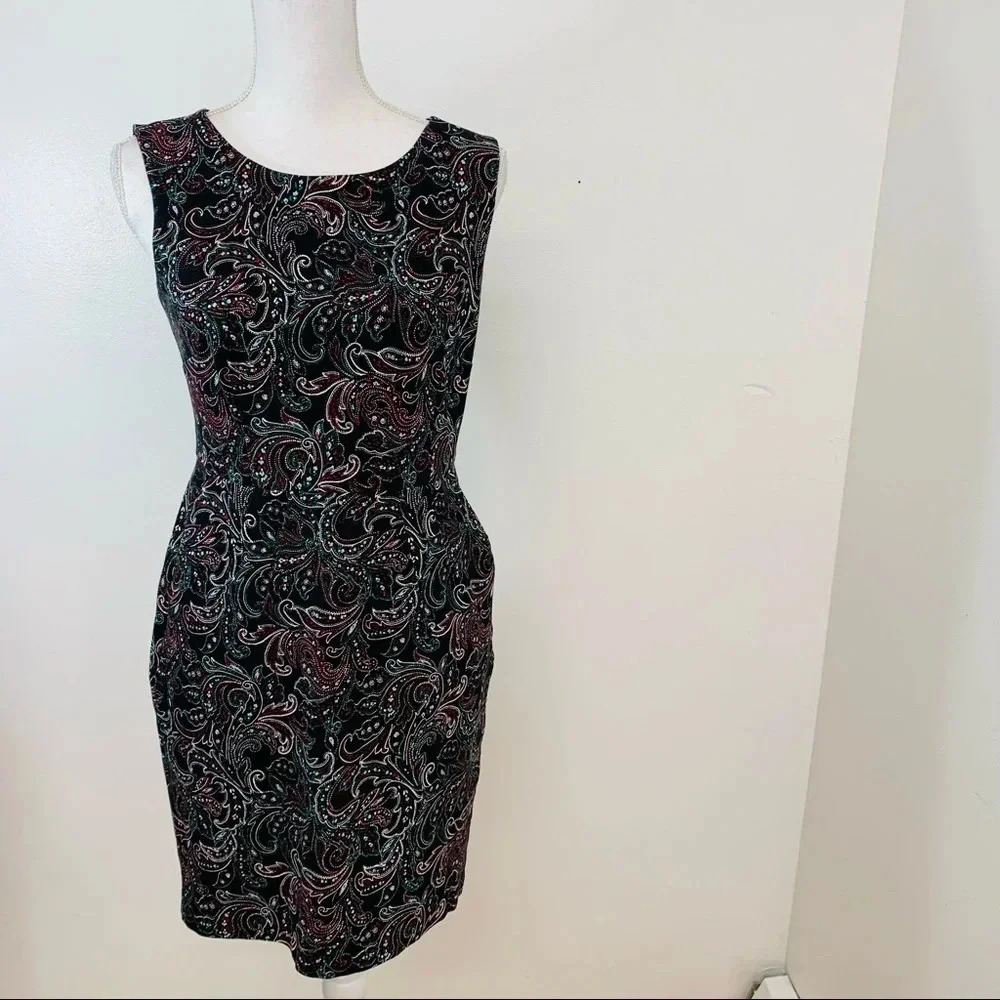 Lands End Dress 8 P Knit Black Red Floral Sleeveless Stretch Pockets Zip Sheath